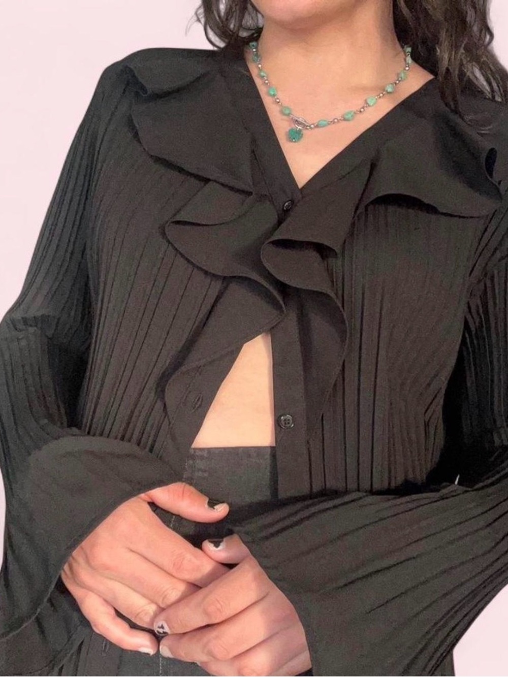 Black Ruffle-Collar Button-Front Blouse - Picture 5 of 8